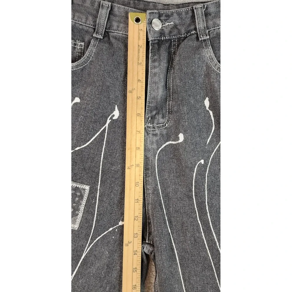 Fashion Jeans Womens 30 in Waist Gray Distressed Graphic Patch Paint Splatter - Picture 6 of 10